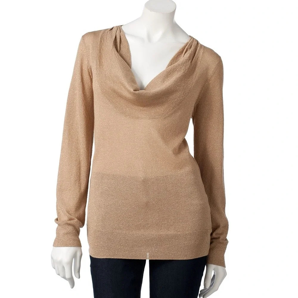 Dana Buchman Gold Shimmer Cowl Neck Sweater Top Off Shoulder XL New - Picture 1 of 5